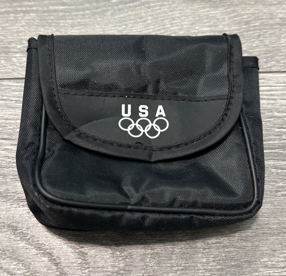 Vtg USA Olympic Belt Bag Pouch Soft Black Nylon Hook Loop Fleece Lined 4"X4"